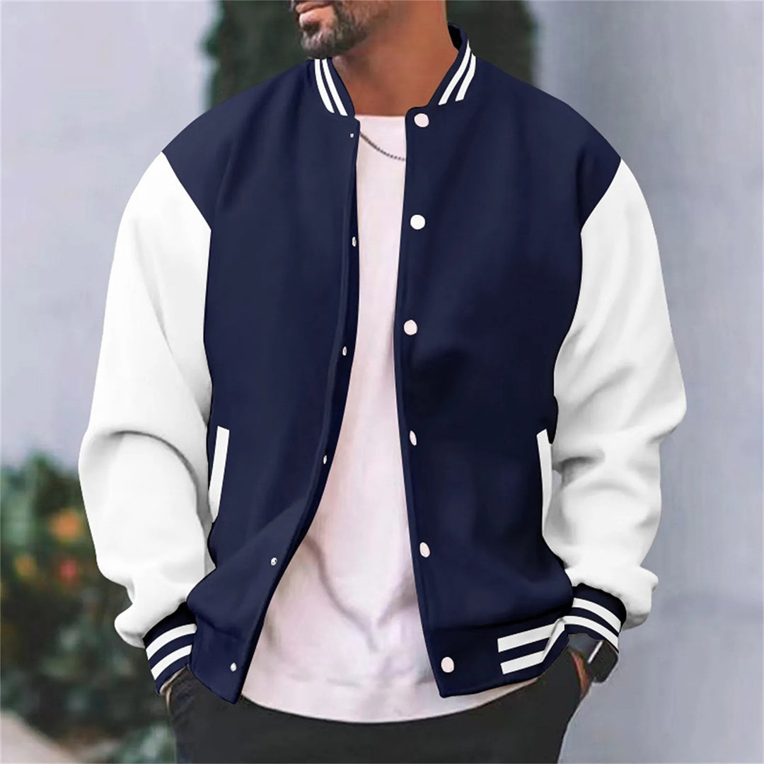 Mens Varsity Jacket with Metal Snap Front and Ribbed Trims, Relaxed Fit