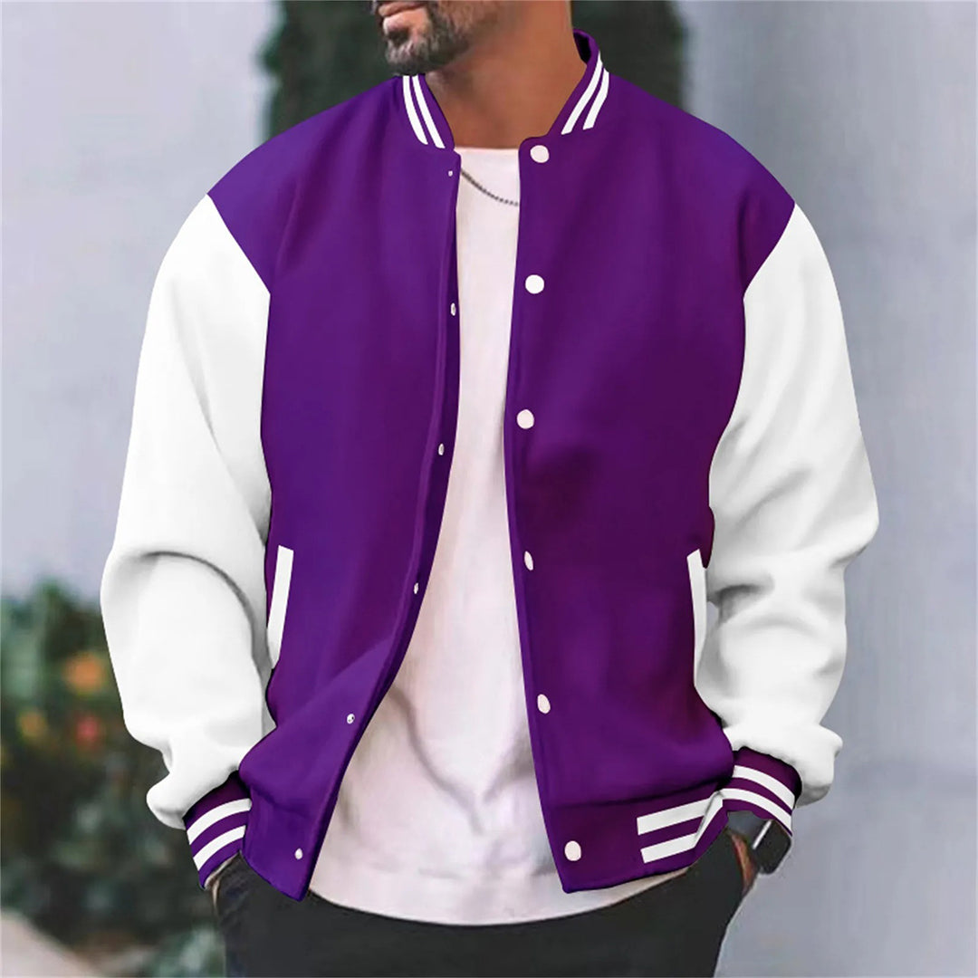 Mens Varsity Jacket with Metal Snap Front and Ribbed Trims, Relaxed Fit