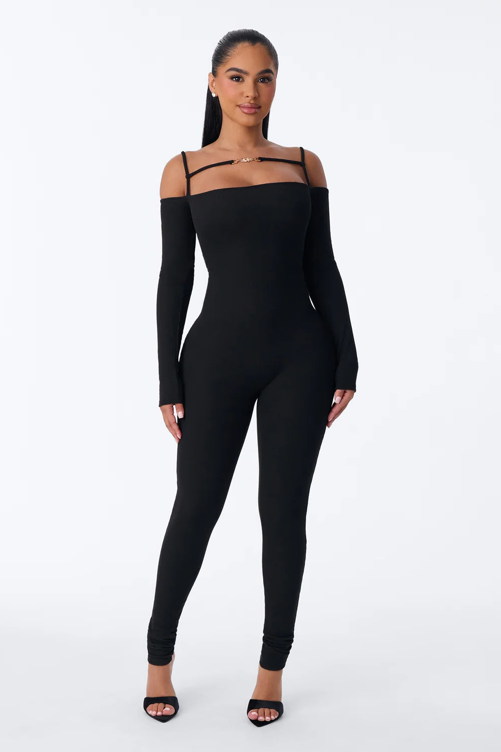 Black Ribbed Catsuit with Sleeveless Tank Top and Full Ankle Coverage