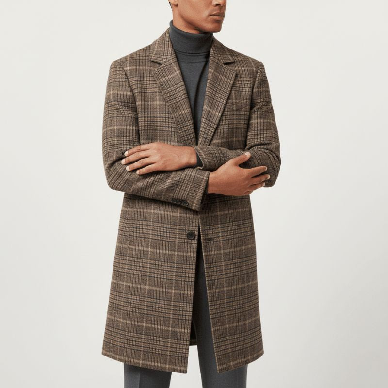 Brown Plaid Wool Overcoat for Men