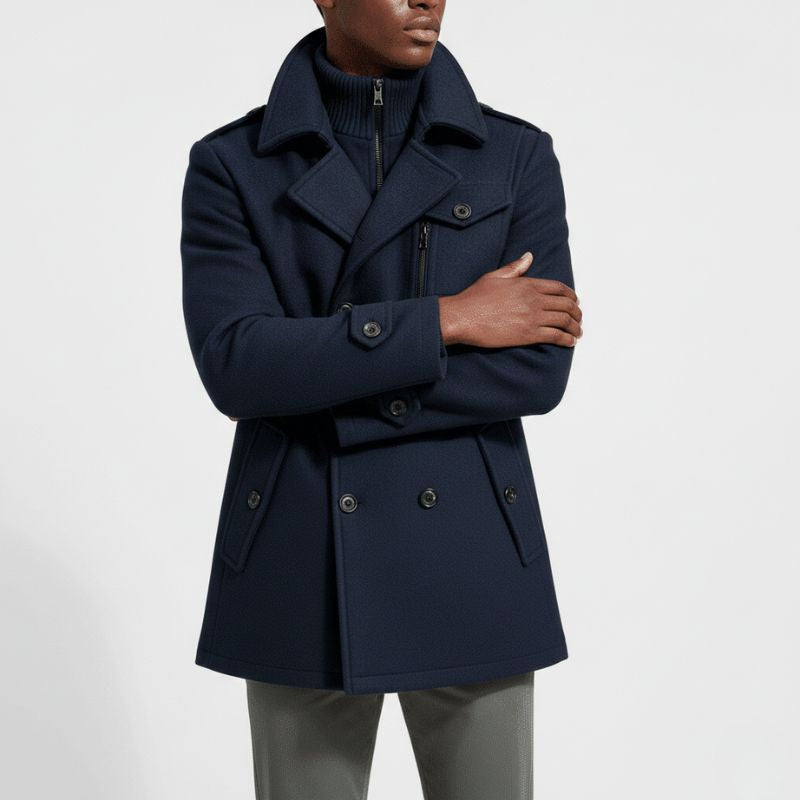 Wool Blend Overcoat for Men, Long Navy Winter Coat
