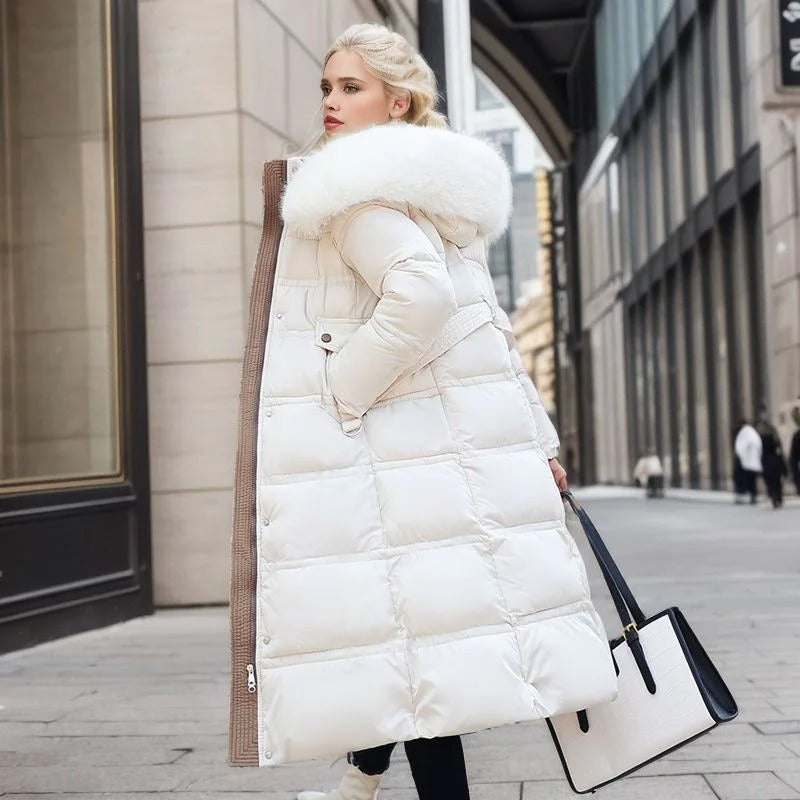Womens Long Puffer Coat with High Collar and Quilted Fill, Full-Length Zipper
