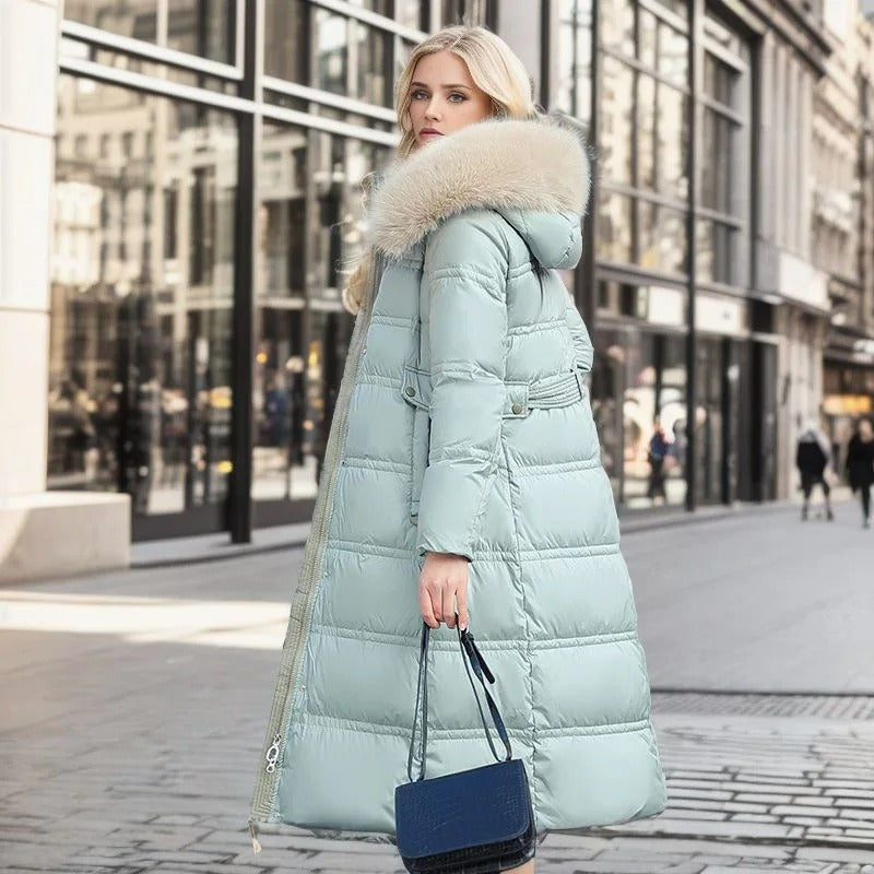 Womens Long Puffer Coat with High Collar and Quilted Fill, Full-Length Zipper