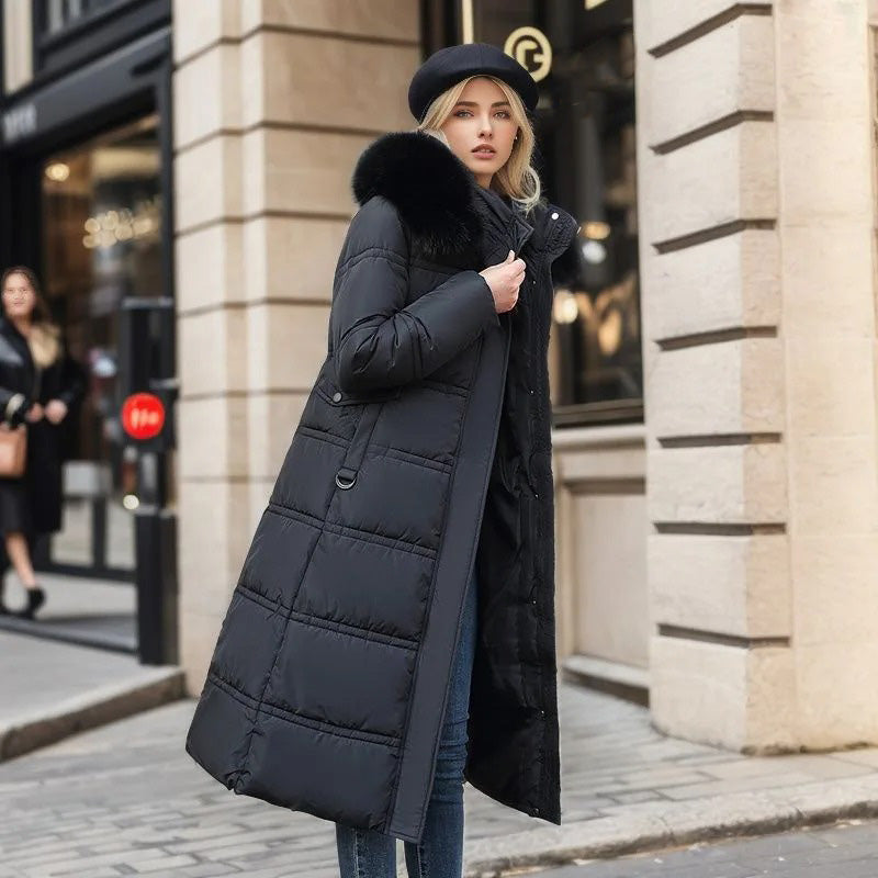 Womens Long Puffer Coat with High Collar and Quilted Fill, Full-Length Zipper