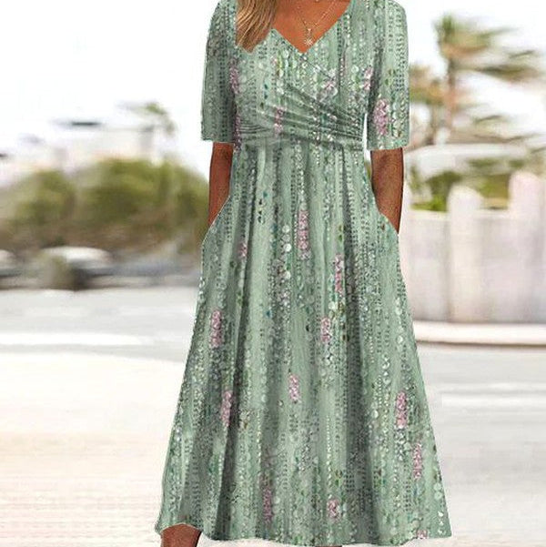 Womens Floral Midi Dress with A-Line Silhouette and Botanical Print