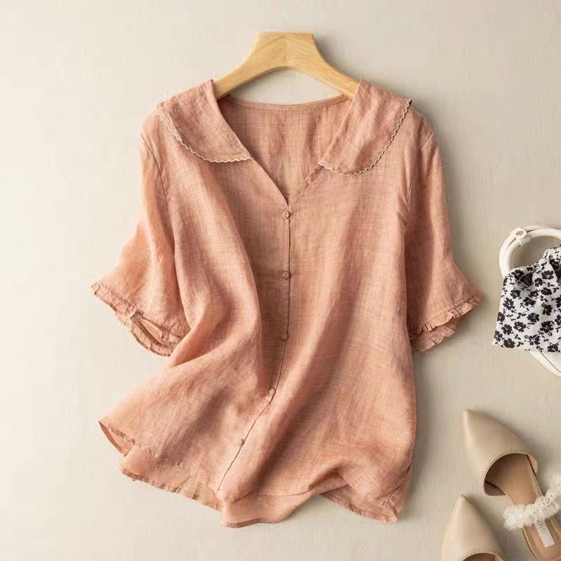 Womens Vintage Blouse with Scalloped Collar and Button Front, Lightweight Relaxed Fit