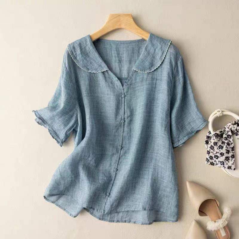Womens Vintage Blouse with Scalloped Collar and Button Front, Lightweight Relaxed Fit