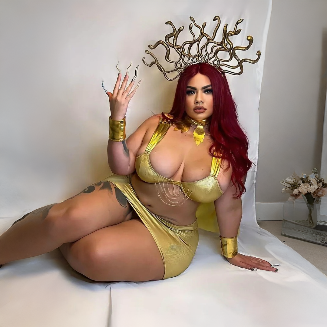 Mythological 5-Piece Costume Set with Snake Headpiece and Metallic Gold Finish