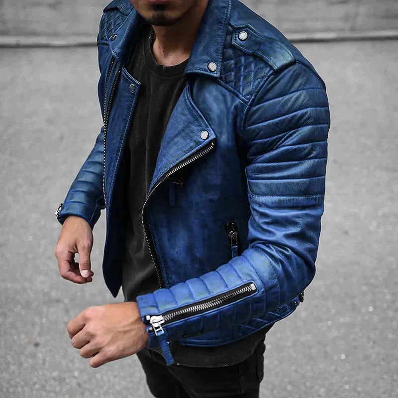 Mens Quilted Zip-Up Jacket with Chest Zipper Accents and Ribbed Collar