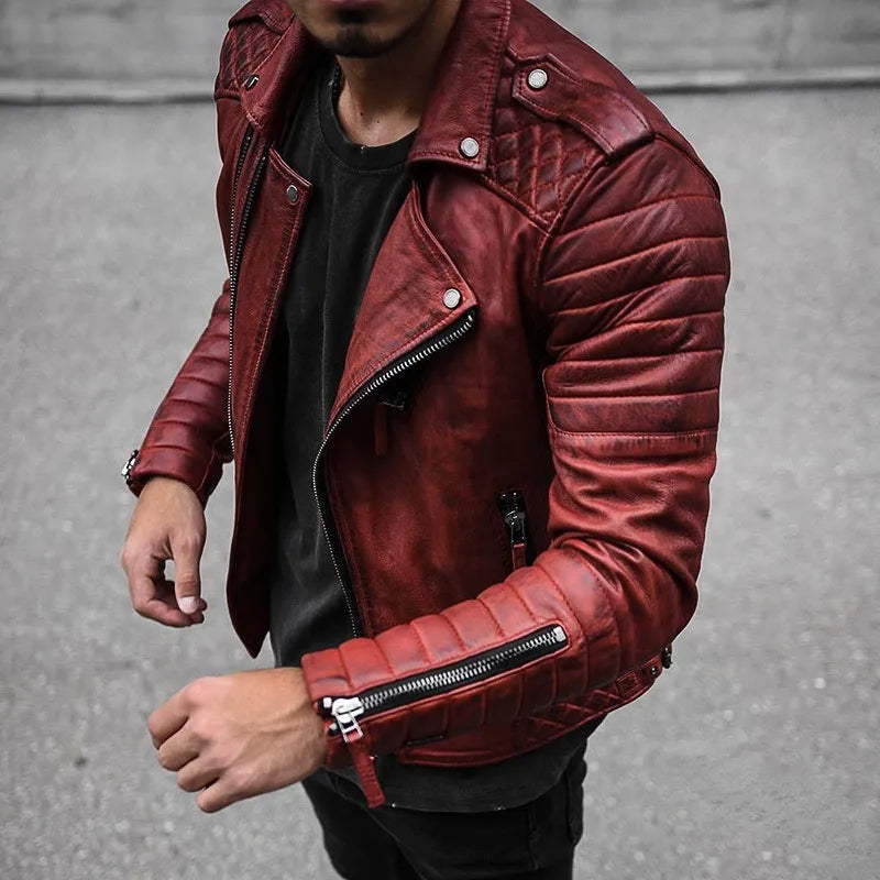 Mens Quilted Zip-Up Jacket with Chest Zipper Accents and Ribbed Collar