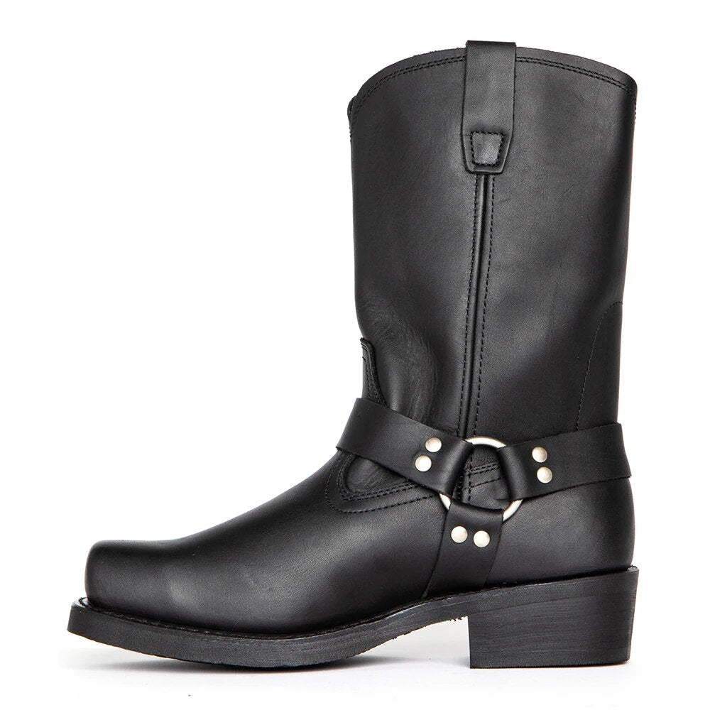 Mens Cowboy Boots with Harness Strap and Mid-Calf Shaft, Full-Grain Leather
