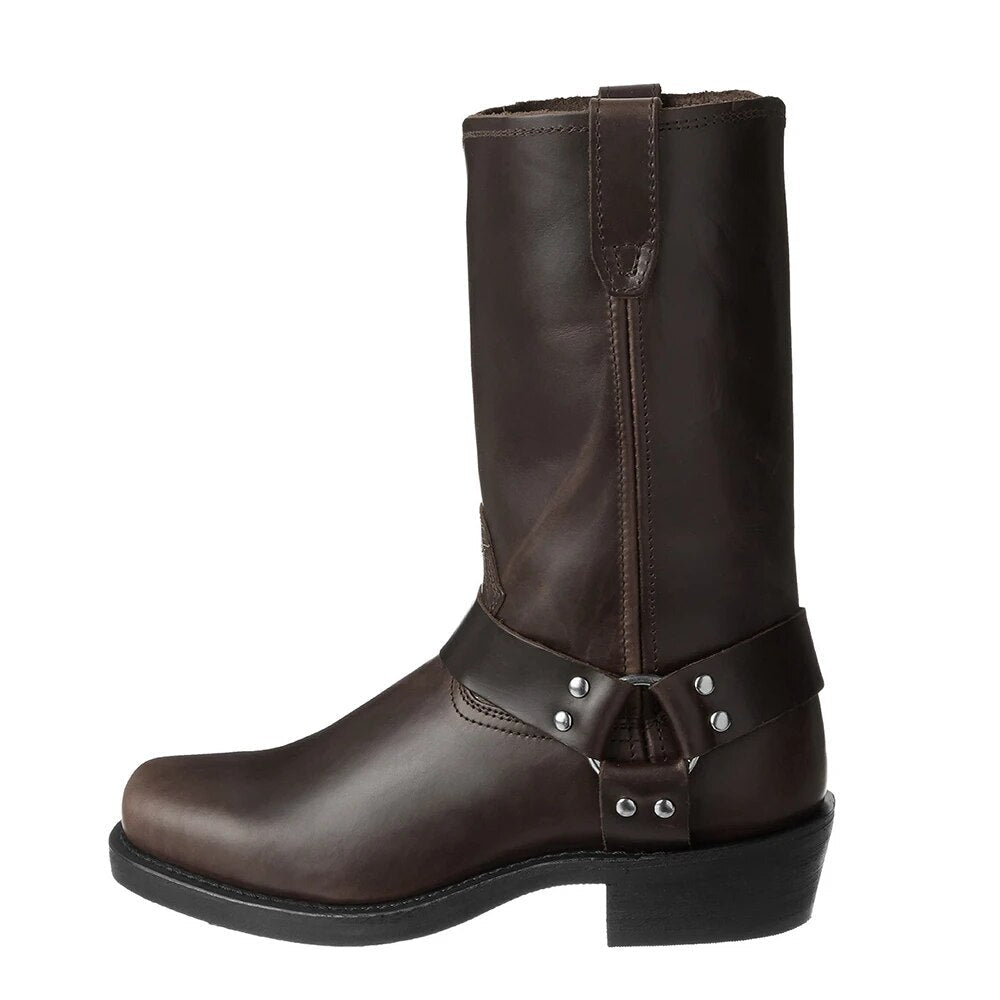 Mens Cowboy Boots with Harness Strap and Mid-Calf Shaft, Full-Grain Leather