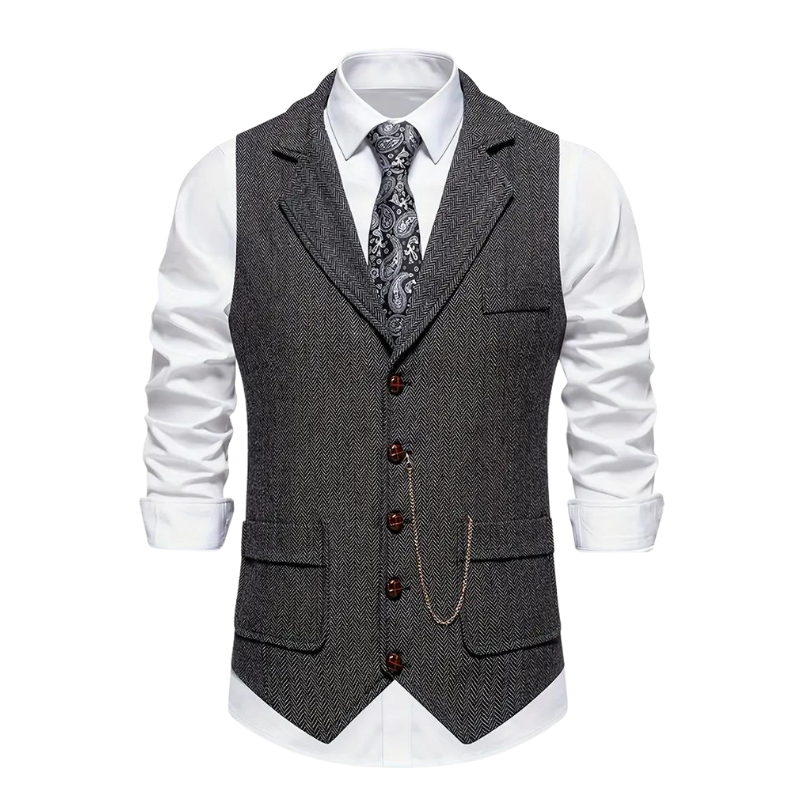 Herringbone Waistcoat for Men with Lapel and Decorative Chain, All-Season Fit