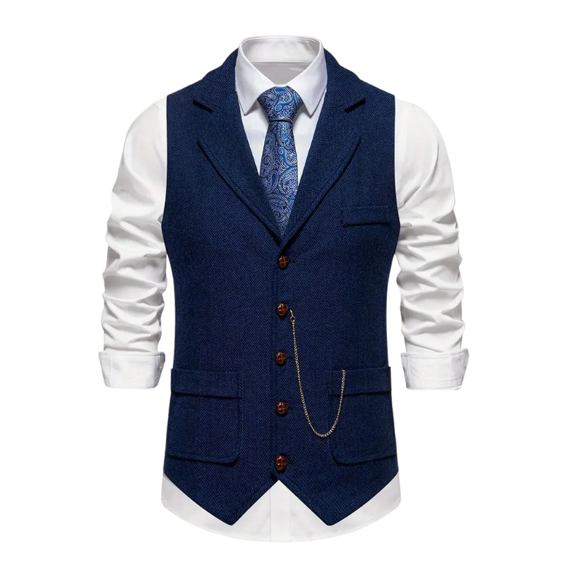 Herringbone Waistcoat for Men with Lapel and Decorative Chain, All-Season Fit