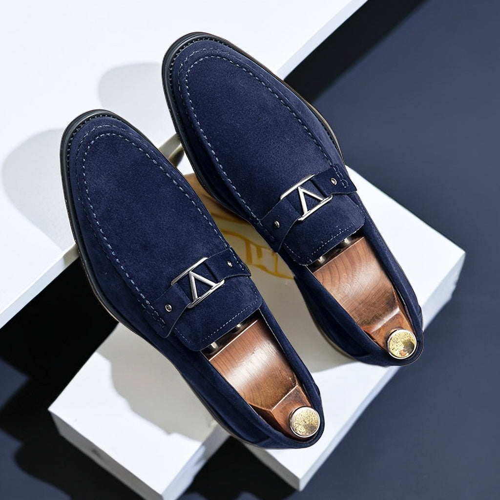 Mens Suede Loafers with Contoured Footbed and Low Heel, Slip-On Casual to Dress