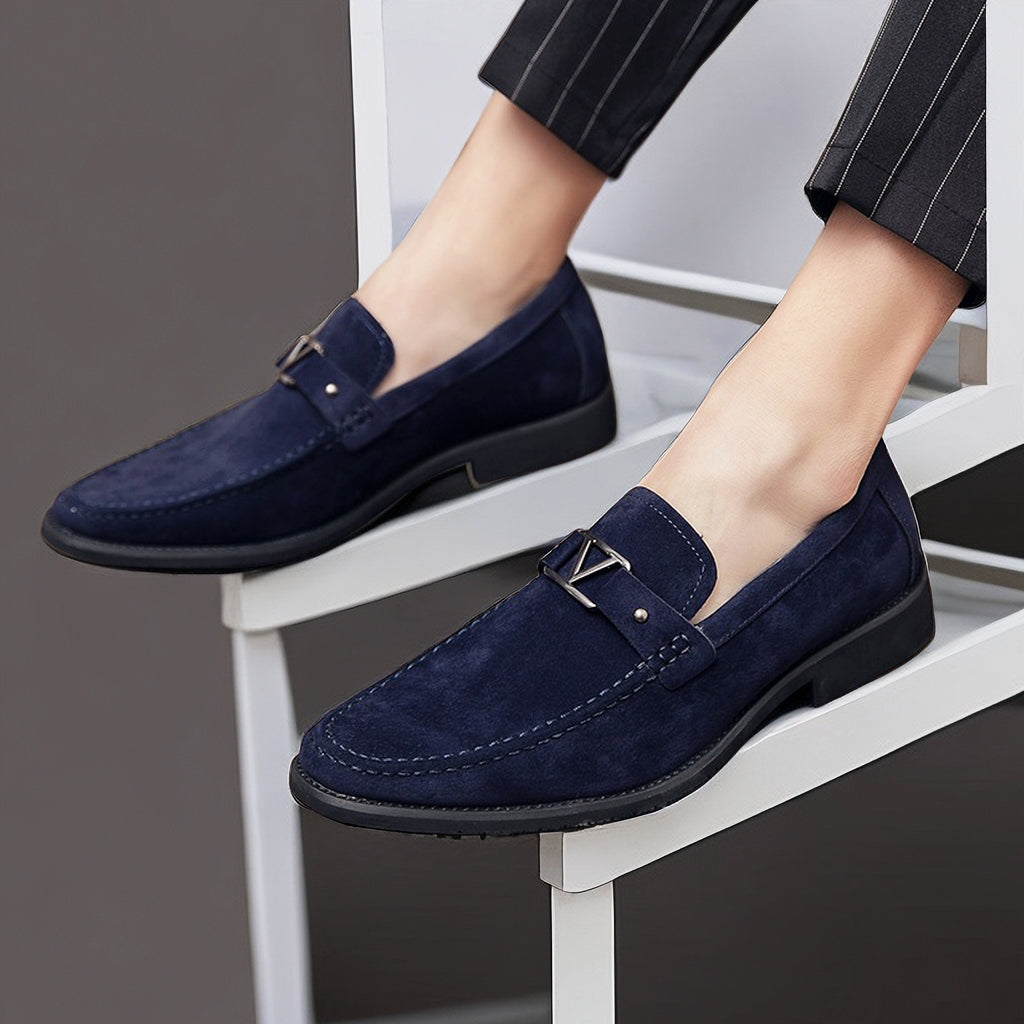 Mens Suede Loafers with Contoured Footbed and Low Heel, Slip-On Casual to Dress