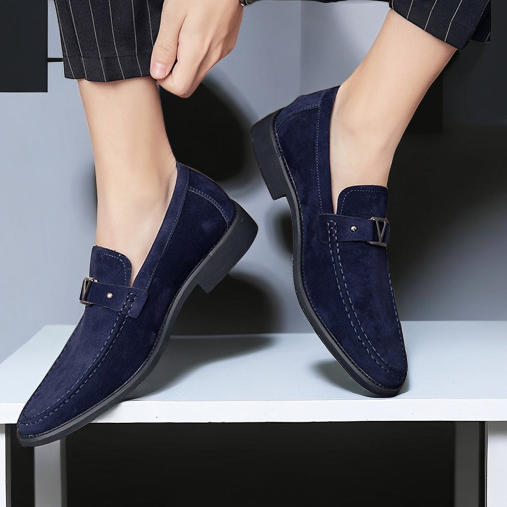 Mens Suede Loafers with Contoured Footbed and Low Heel, Slip-On Casual to Dress