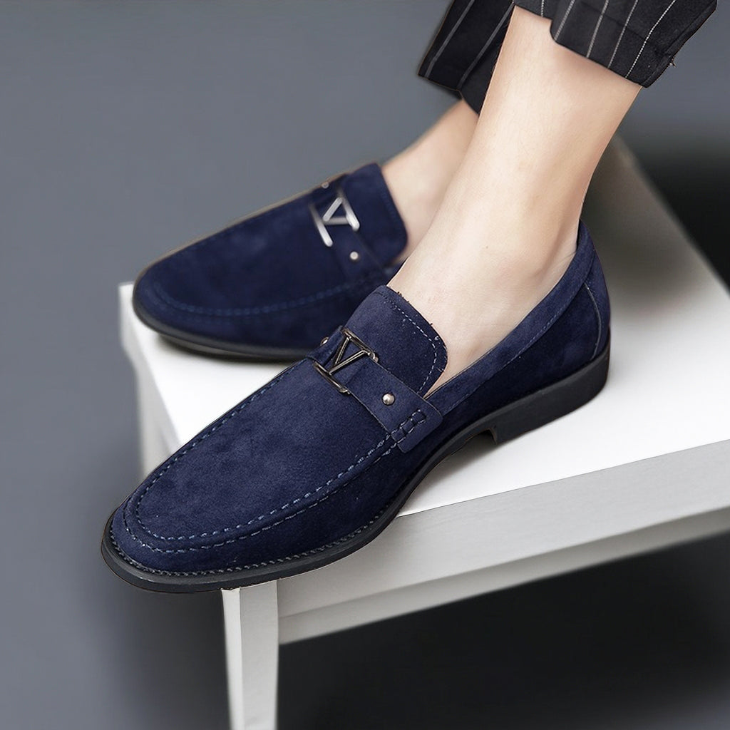 Mens Suede Loafers with Contoured Footbed and Low Heel, Slip-On Casual to Dress