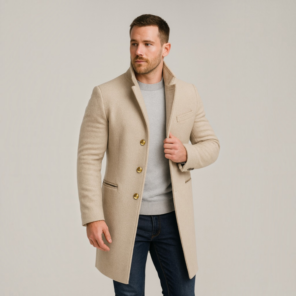 Single-Breasted Long Coat for Men with Three-Button Closure and Notch Lapels