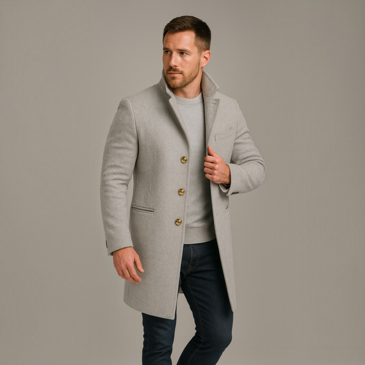 Single-Breasted Long Coat for Men with Three-Button Closure and Notch Lapels