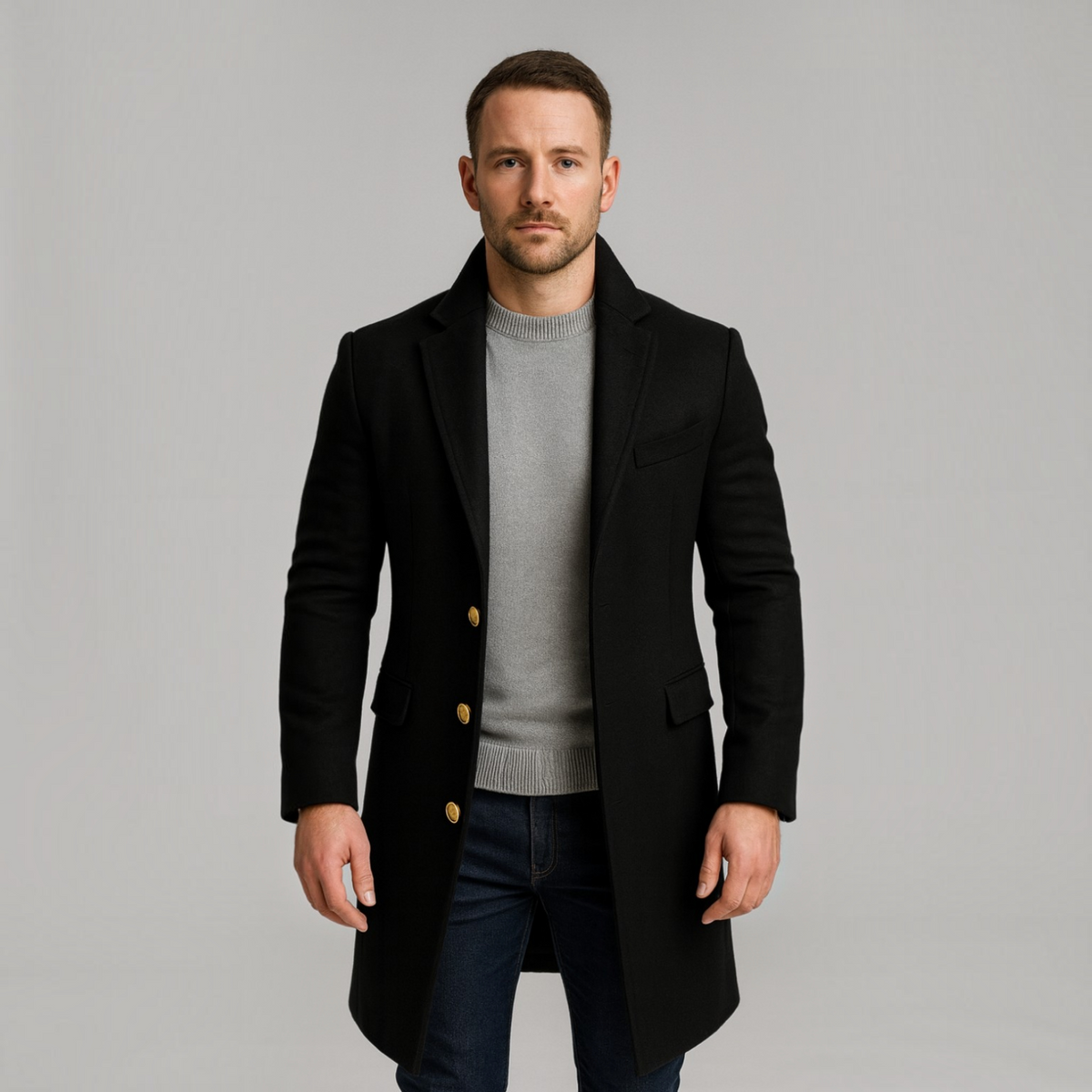 Single-Breasted Long Coat for Men with Three-Button Closure and Notch Lapels