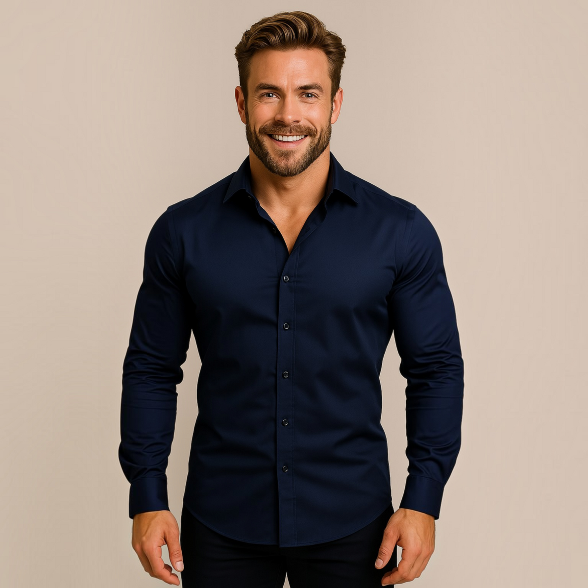 Mens Long-Sleeve Button-Up Shirt with Tailored Fit and Wrinkle-Resistant Finish