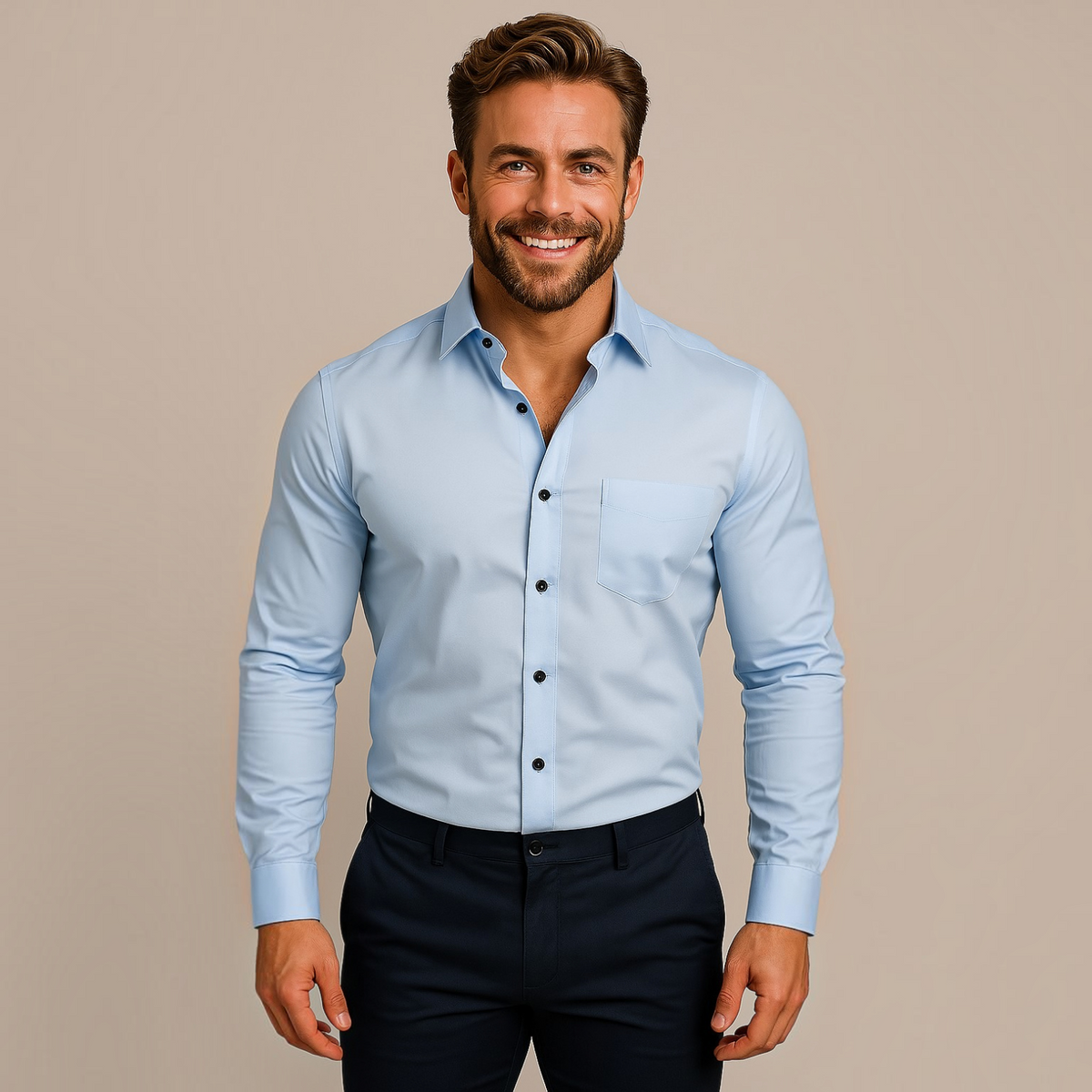 Mens Long-Sleeve Button-Up Shirt with Tailored Fit and Wrinkle-Resistant Finish