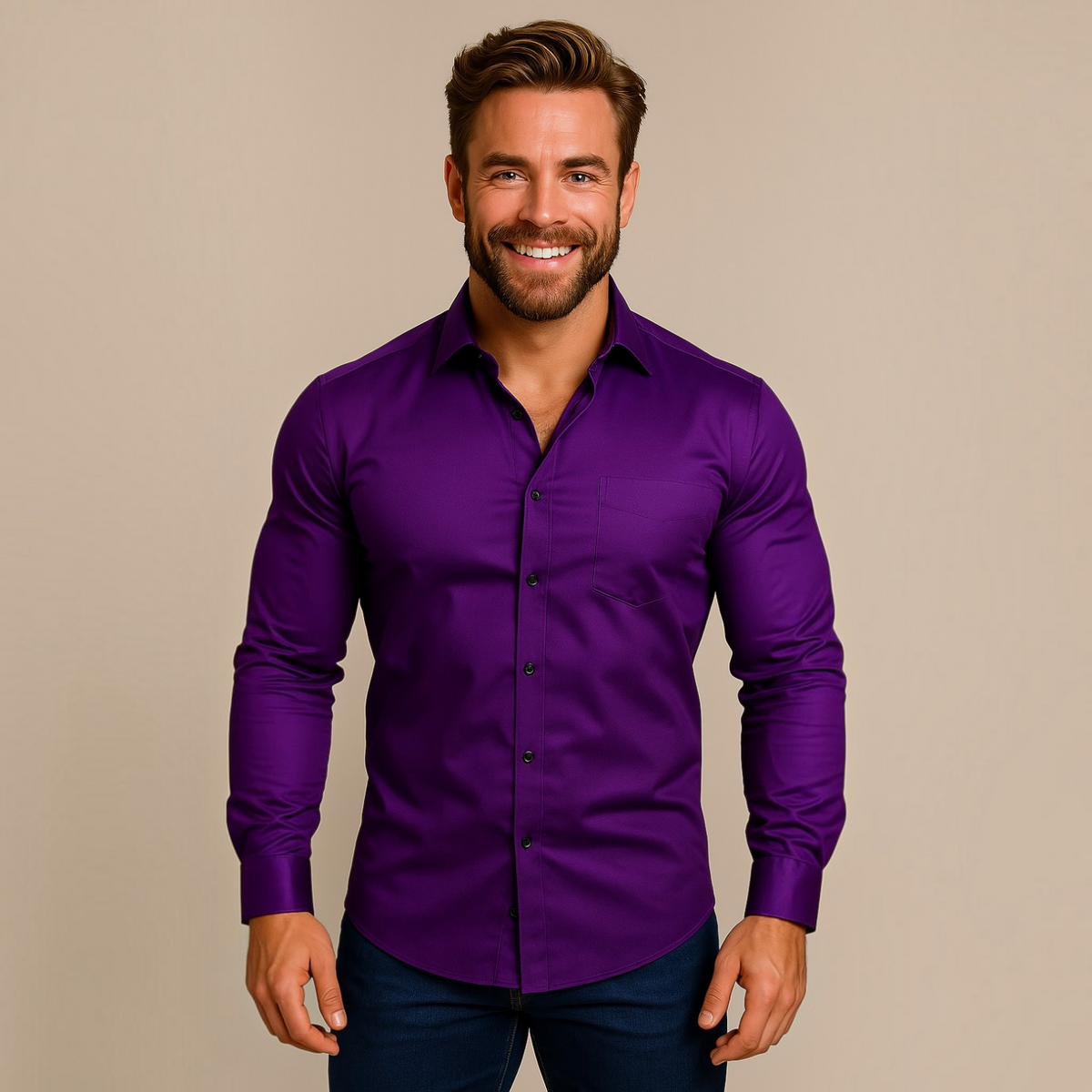 Mens Long-Sleeve Button-Up Shirt with Tailored Fit and Wrinkle-Resistant Finish
