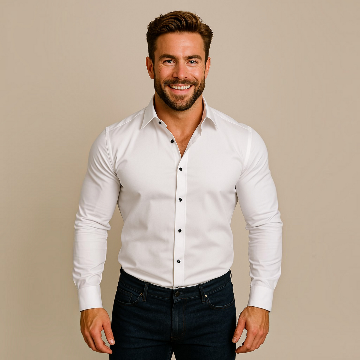 Mens Long-Sleeve Button-Up Shirt with Tailored Fit and Wrinkle-Resistant Finish