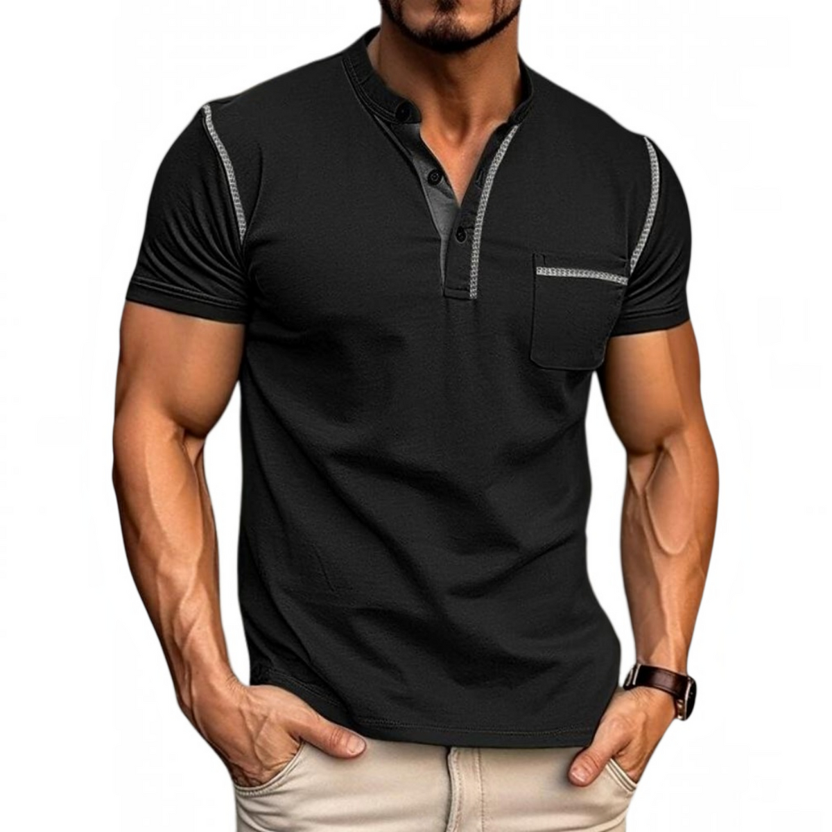 Henley Polo Shirt for Men with Button Placket and Chest Pocket, Breathable Soft Knit