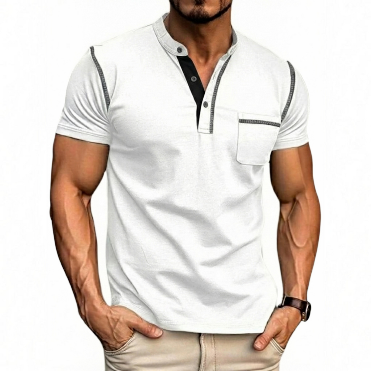 Henley Polo Shirt for Men with Button Placket and Chest Pocket, Breathable Soft Knit