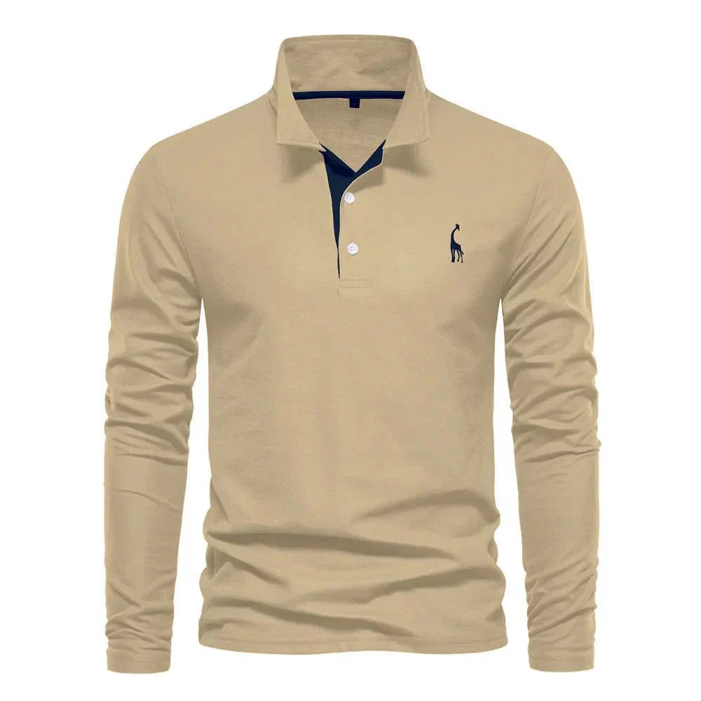 Mens Long Sleeve Polo Shirt with Slim Fit and Button Placket, Machine Washable