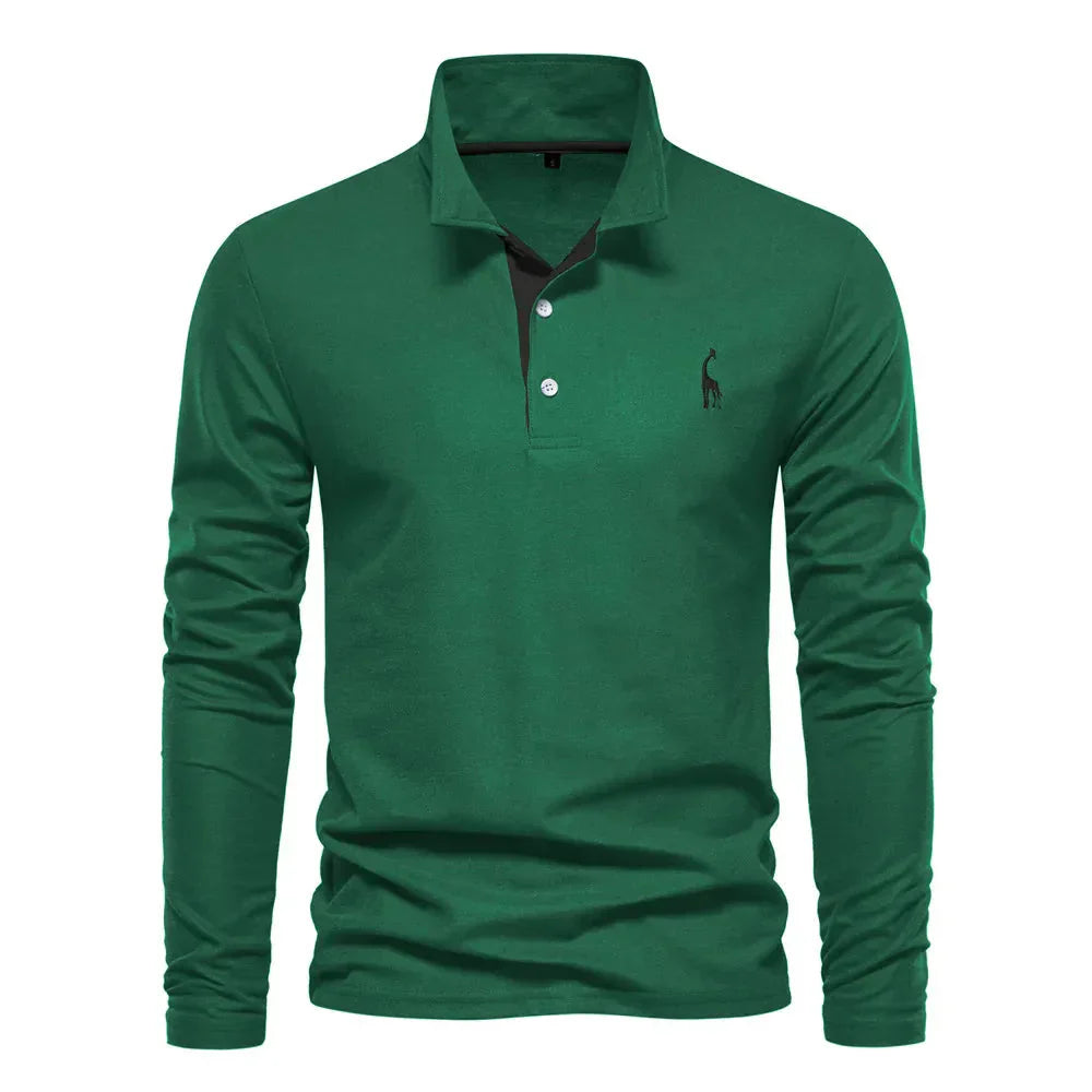 Mens Long Sleeve Polo Shirt with Slim Fit and Button Placket, Machine Washable