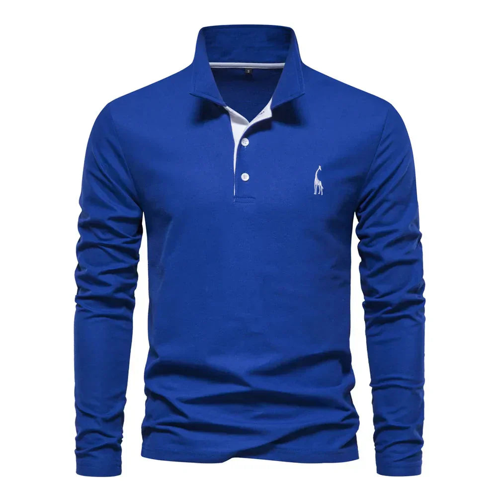 Mens Long Sleeve Polo Shirt with Slim Fit and Button Placket, Machine Washable