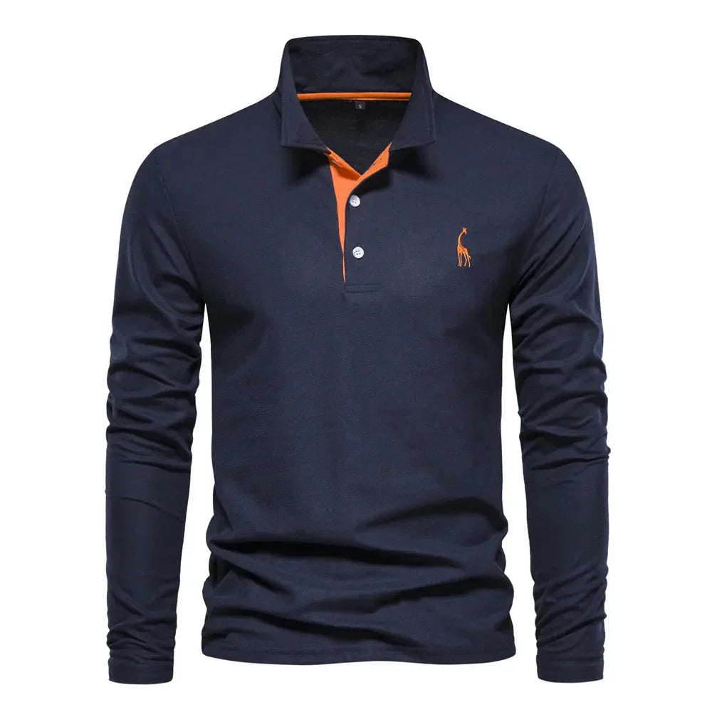 Mens Long Sleeve Polo Shirt with Slim Fit and Button Placket, Machine Washable
