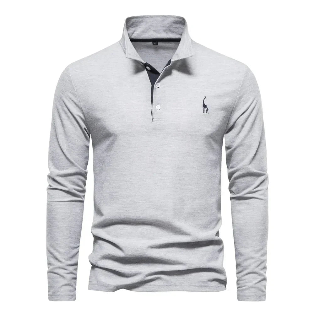 Mens Long Sleeve Polo Shirt with Slim Fit and Button Placket, Machine Washable