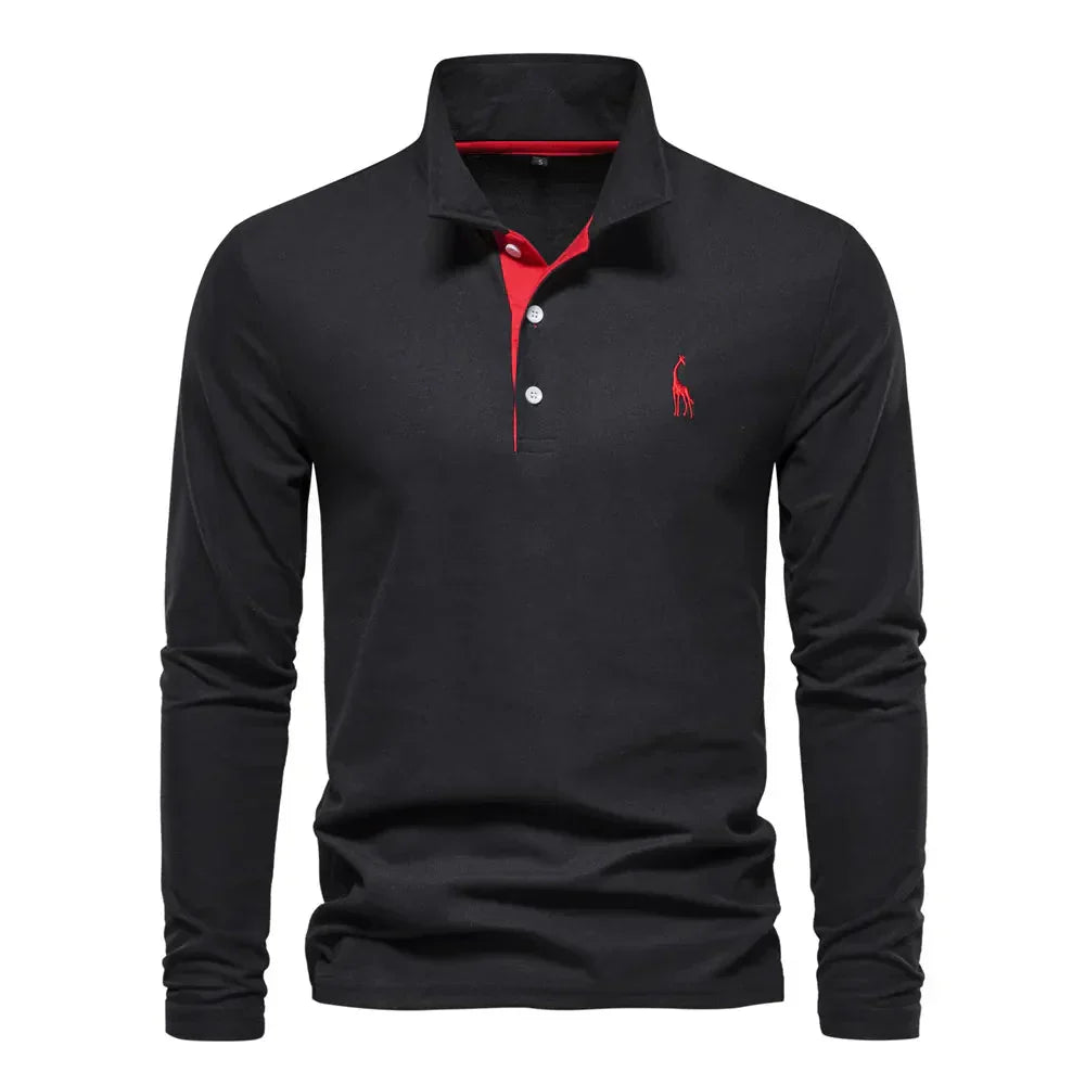 Mens Long Sleeve Polo Shirt with Slim Fit and Button Placket, Machine Washable