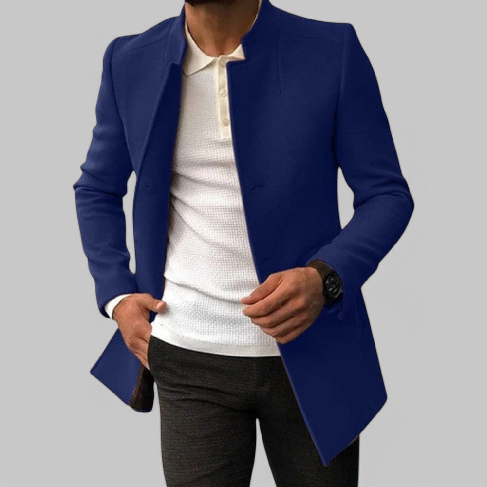 Mens Slim Coat with Concealed Button and Structured Shoulders, Wool Blend