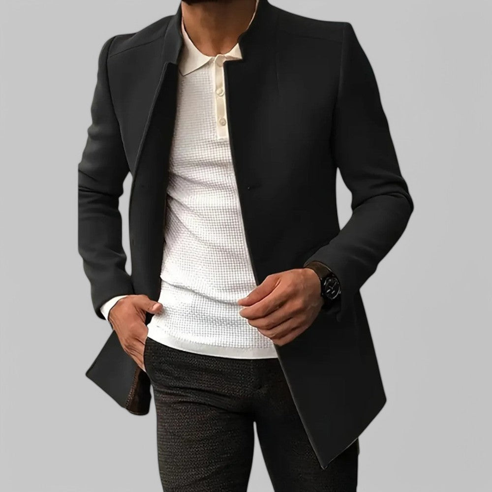 Mens Slim Coat with Concealed Button and Structured Shoulders, Wool Blend