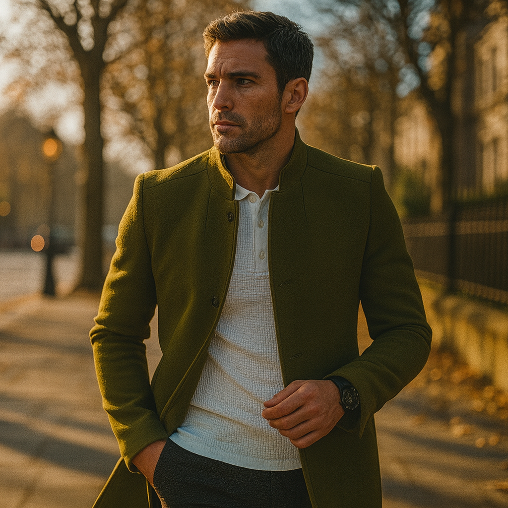 Mens Slim Coat with Concealed Button and Structured Shoulders, Wool Blend