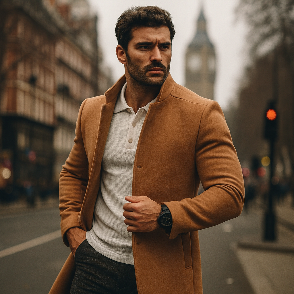Mens Slim Coat with Concealed Button and Structured Shoulders, Wool Blend