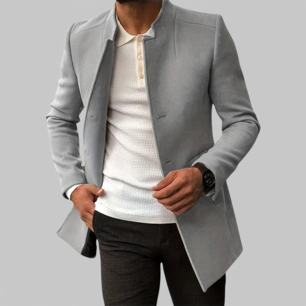 Mens Slim Coat with Concealed Button and Structured Shoulders, Wool Blend