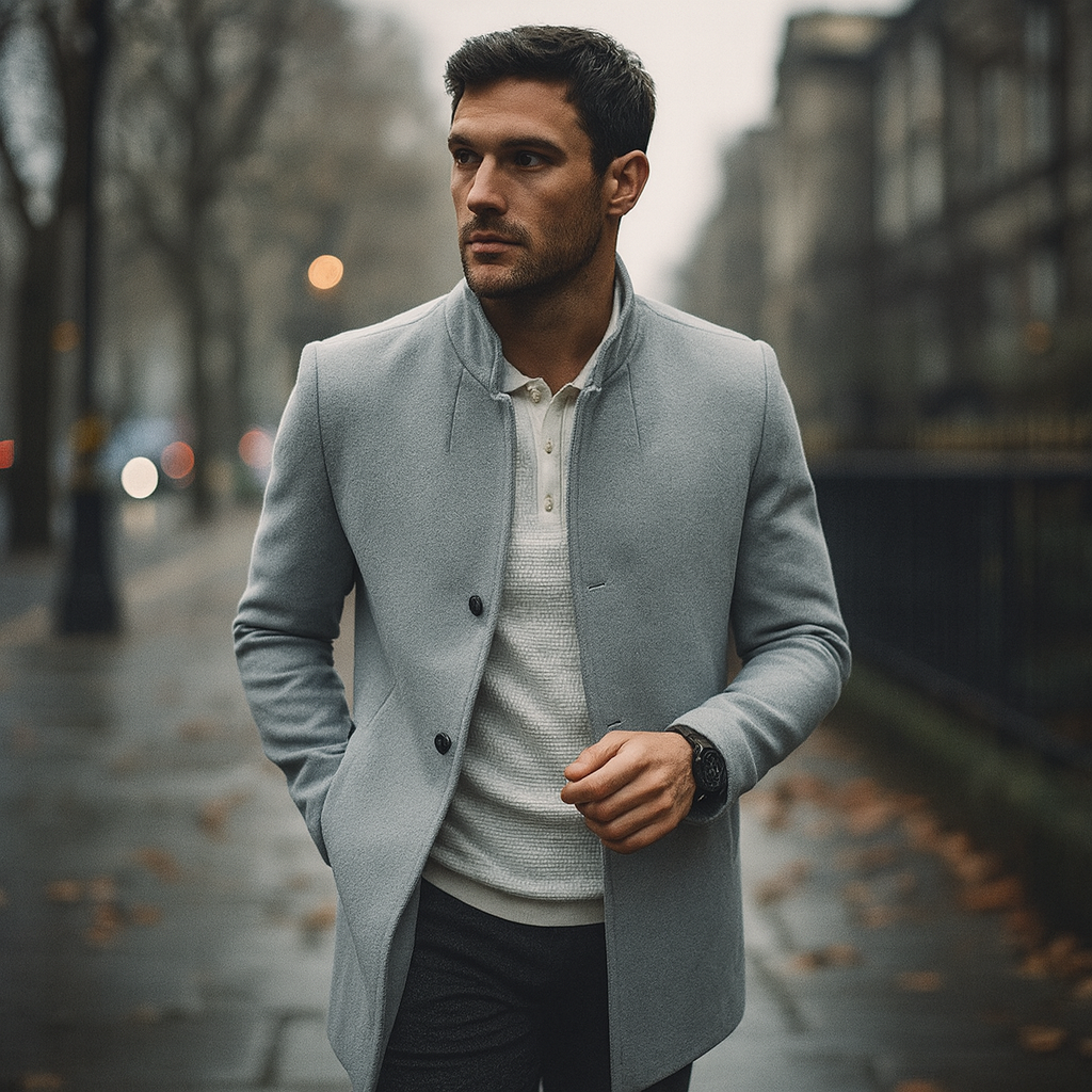 Mens Slim Coat with Concealed Button and Structured Shoulders, Wool Blend