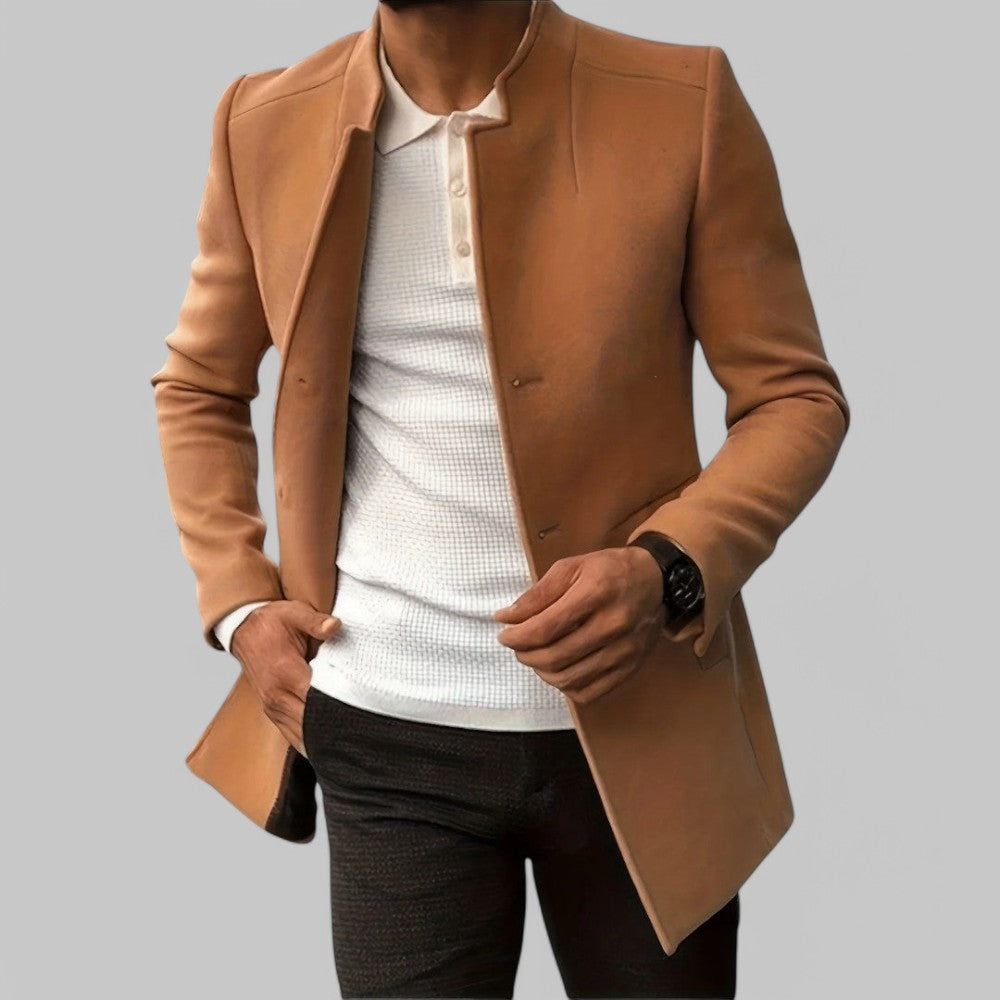 Mens Slim Coat with Concealed Button and Structured Shoulders, Wool Blend