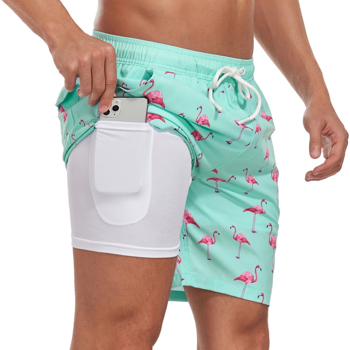 Mens Swim Shorts with Adjustable Drawstring Waist and Tropical Print, Quick-Dry Mid-Thigh