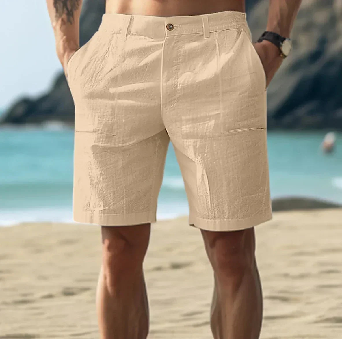 Mens Beach Shorts with Button Closure and Side Pockets, Straight Fit