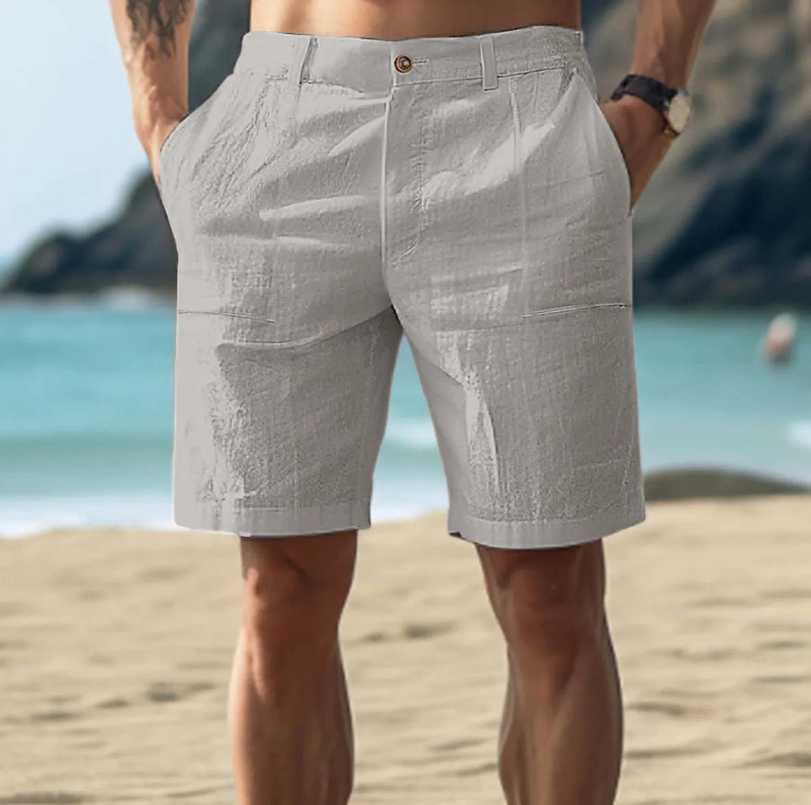 Mens Beach Shorts with Button Closure and Side Pockets, Straight Fit