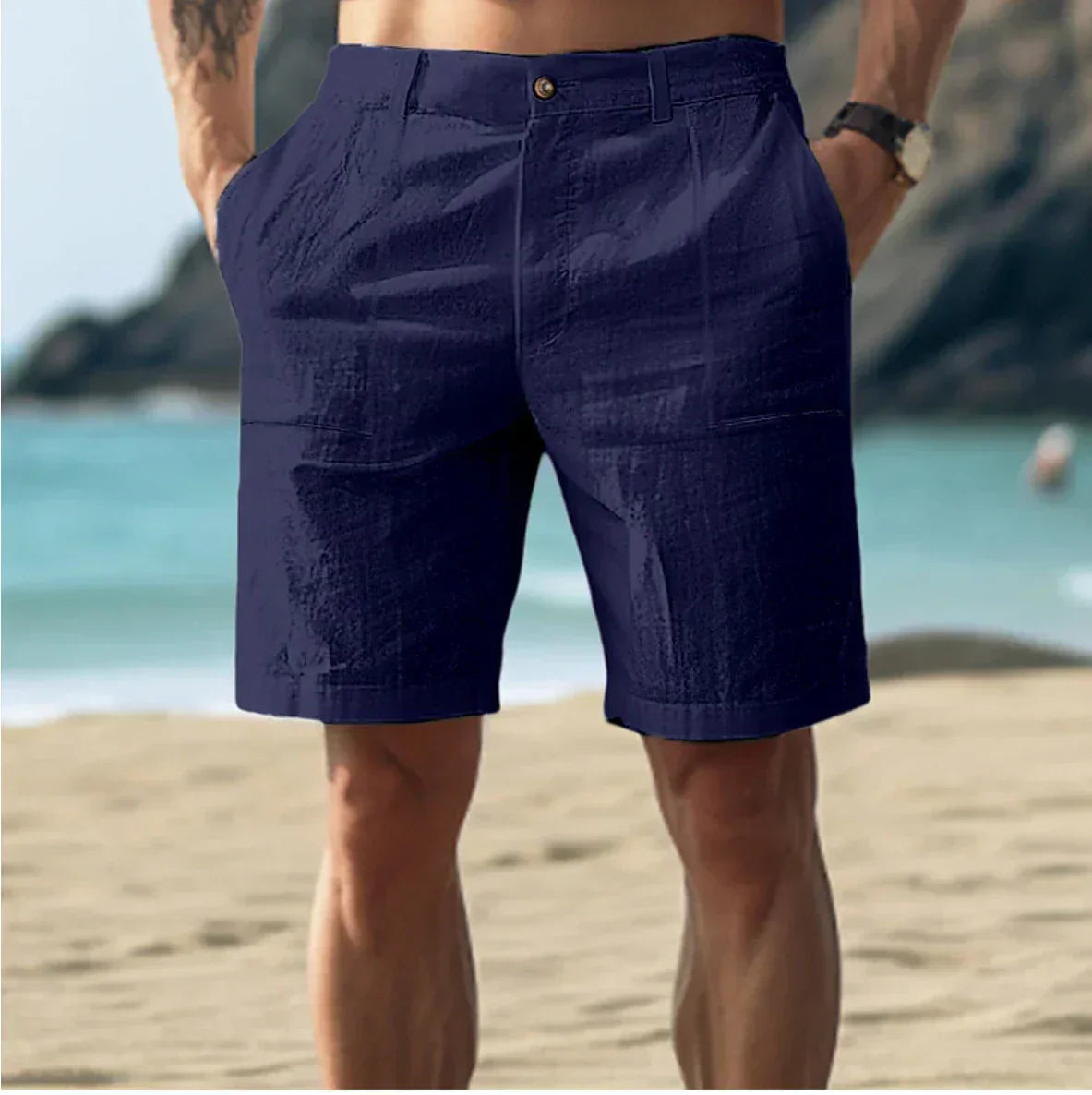 Mens Beach Shorts with Button Closure and Side Pockets, Straight Fit