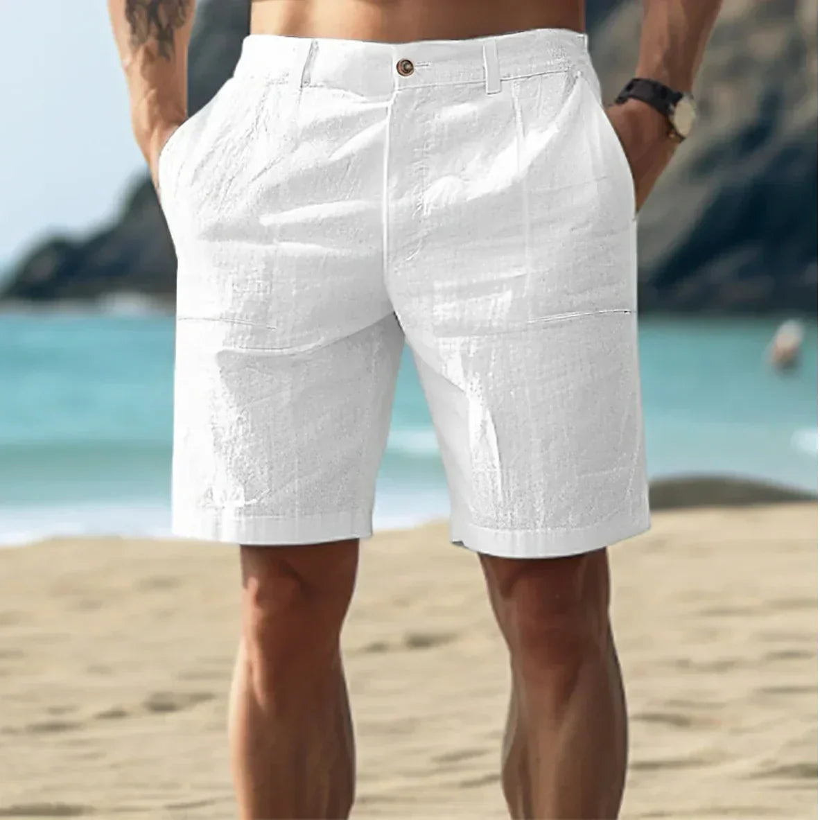 Mens Beach Shorts with Button Closure and Side Pockets, Straight Fit