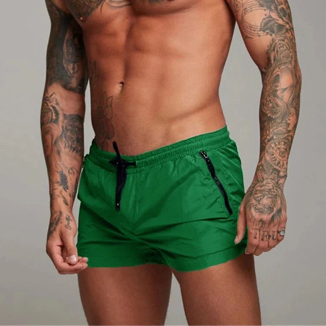 Mens Swim Shorts with Zip Pockets and Adjustable Drawstring Waist, Quick-Dry Mid-Thigh